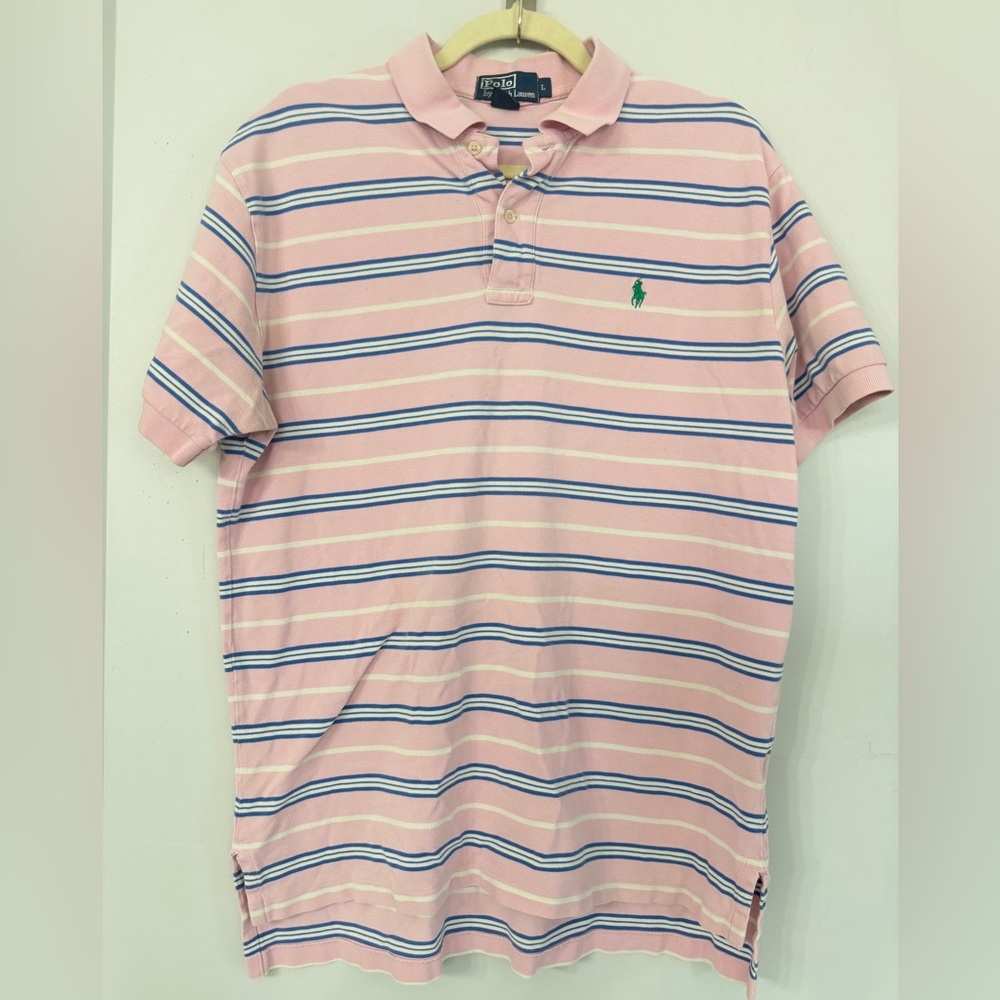Vintage Polo Ralph Lauren Men’s Large Pink Blue Stripe 100% Cotton Polo Shirt